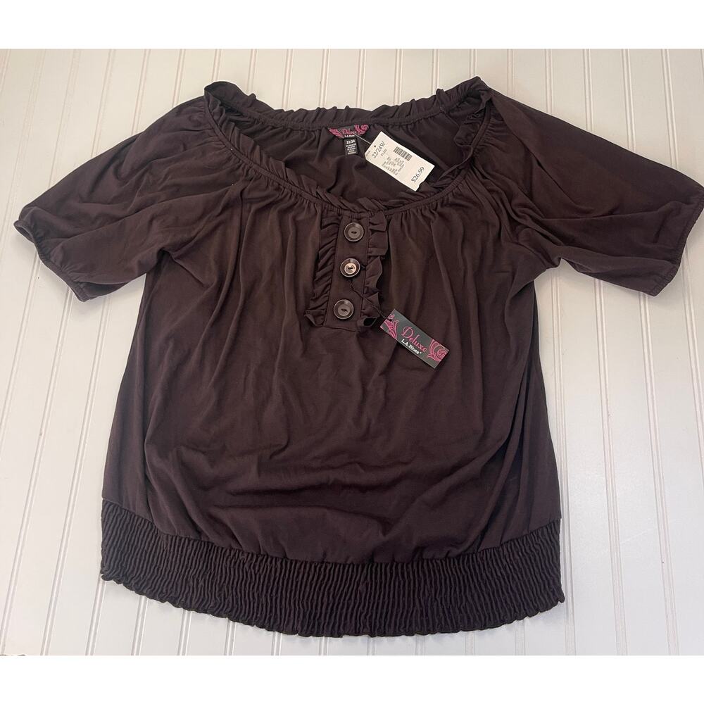 NWT Y2K Deluxe LA Blues Ruffle Hem Big Buttons Chocolate Brown Womens 22/24W